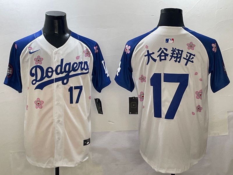 Men Los Angeles Dodgers #17 Ohtani White Blue Sakura Edition 2025 Nike MLB Jersey style 4